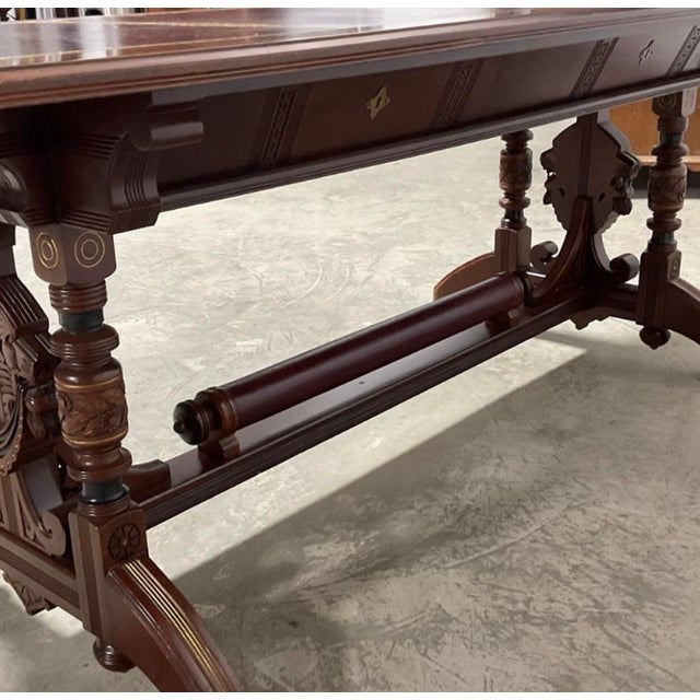 Antique Renaissance Revival Carved Walnut Library Table / Writing Desk — Leather Top For Sale In Atlanta - Image 6 of 8