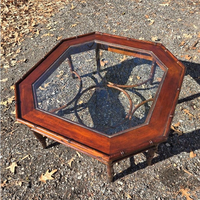 Late 20th Century Wooden Hexagonal Tommy Bahama Style Coffee Table With Glass Top For Sale - Image 6 of 8