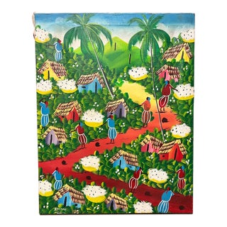 Vintage Haitian Tropical Village Scene Folk Art Painting – Signed Balano For Sale