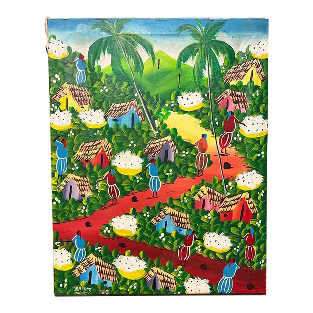 Vintage Haitian Tropical Village Scene Folk Art Painting – Signed Balano For Sale