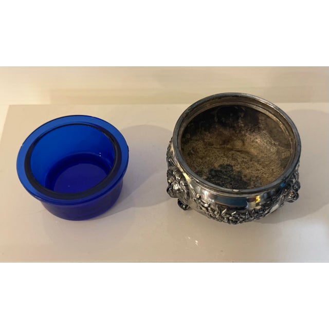 Metal Vintage Silverplate & Cobalt Glass Footed Salt Cellar / Decorative Vanity Bowl For Sale - Image 7 of 12