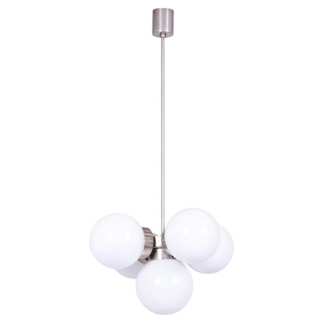 Mid-Century Modern Chandelier in Chromed Steel and Opaline Glass, Czech, 1960s For Sale - Image 10 of 10