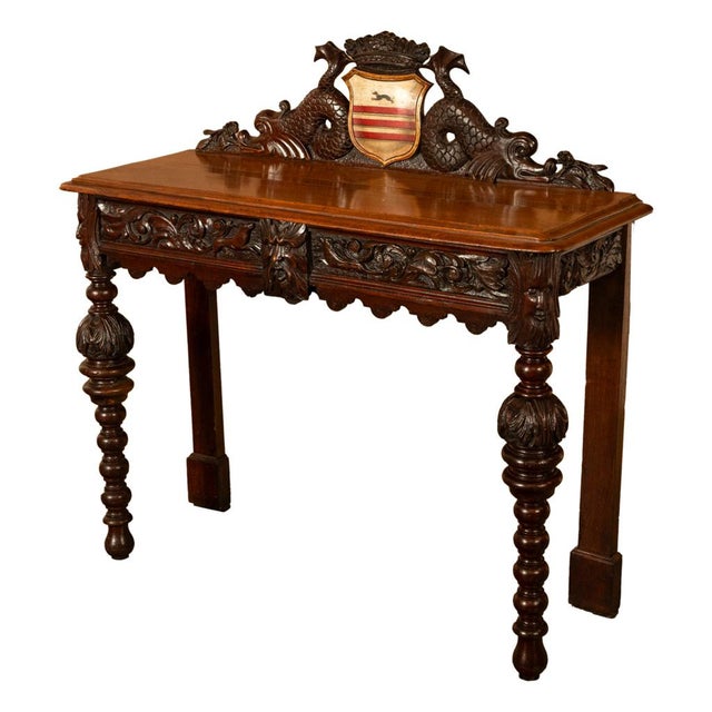 Victorian Antique Carved Oak Hall Table Skipworth Family Painted Royal Coat of Arms 1860 For Sale - Image 3 of 18