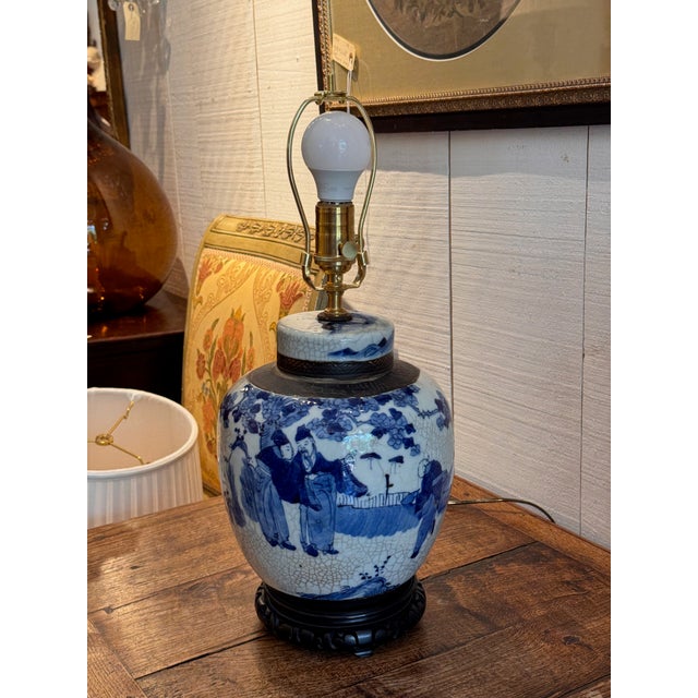 Blue Mid 20th Century Blue and White Chinese Ginger Jar Lamp For Sale - Image 8 of 10