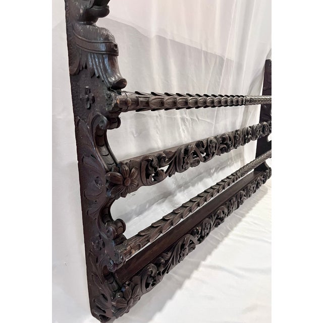 Wood Antique Late 1800s Belgian Carved Oak Plate Rack – Griffin 55" Wall Shelf For Sale - Image 7 of 18