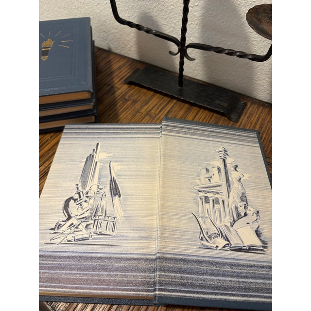 Vintage Monochromatic Silvery Blue/ Navy Encyclopedia Hardcover Stack - Set of 4 - Royal Octavo Format - Volumes 14-16 & 18 - Dark Academia Decor For Sale - Image 4 of 8