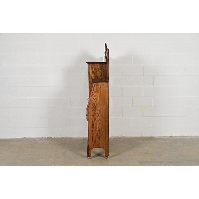 Antique Victorian Carved Tiger Oak Side-by-Side Bookcase With Drop Front Secretary Desk by Larkin Co., Circa 1900 For Sale - Image 14 of 16