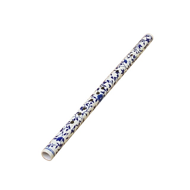 Asian Blue White Porcelain Floral Graphic Flute Shape Tube Display Art For Sale - Image 3 of 7