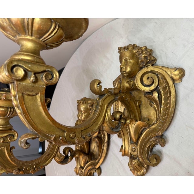Large Antique Ornate Carved Italian Gilt Wood Cherub Wall Sconce Fixtures - a Pair For Sale - Image 13 of 18