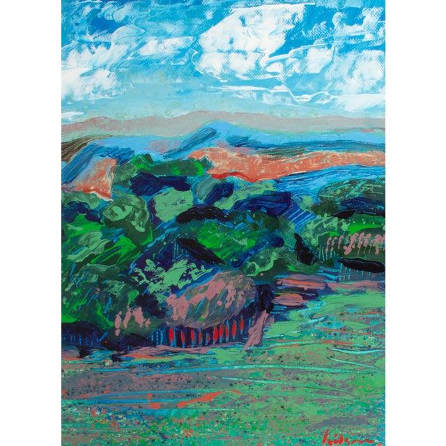A 1980s abstract acrylic painting on paper by the American artist Harry Hilson (1935-2004). This piece features an...