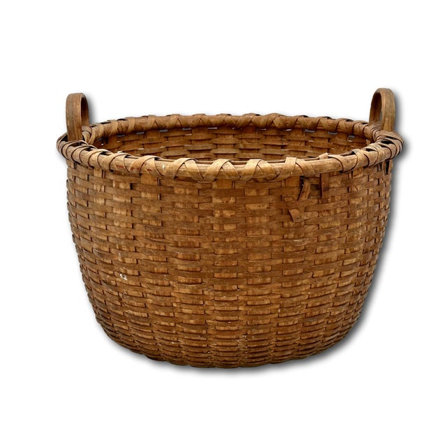 Outstanding Large Size Antique American Hand Woven Ash Wood Splint Maine Apple Farm Harvest Basket For Sale In Boston - Image 6 of 18