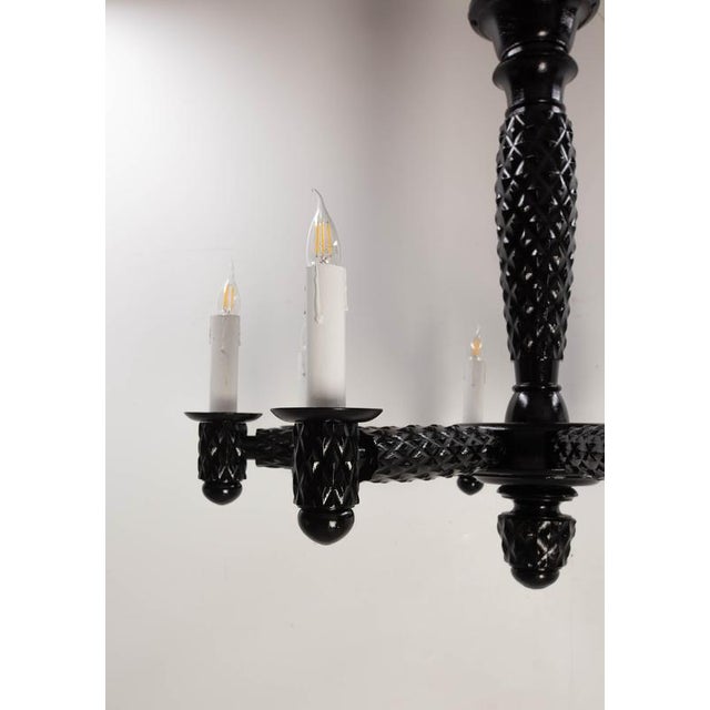 Wood French Black Lacquered Wood Chandelier with Eight Lamps, 1940 For Sale - Image 7 of 13