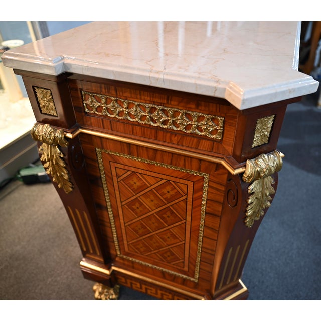 French Louis XVI Style Ormolu Mounted Commode With Italian White Marble Top For Sale - Image 3 of 8