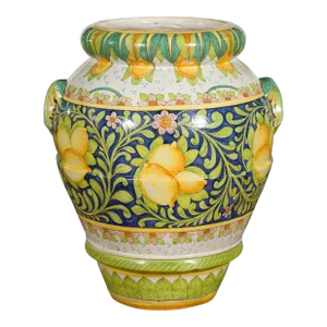 Mid 20th Century Hand-Painted Yellow & Green Lemon & Scrolling Foliage Jar