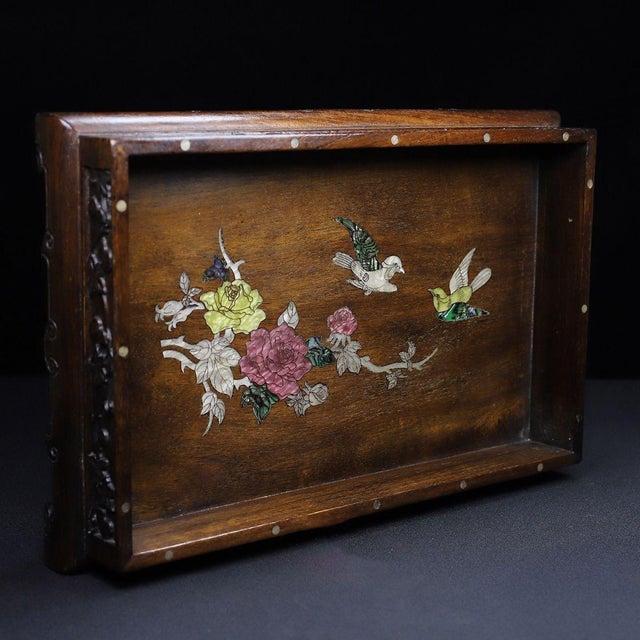 Traditional Wooden Tea Tray With Mother-of-Pearl Floral and Bird Inlay For Sale - Image 3 of 10