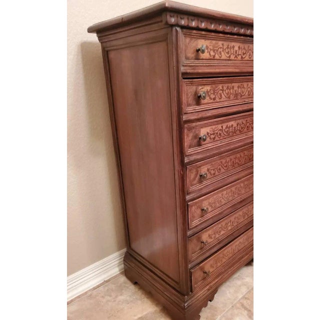 Early 20th Century Italian Walnut Marquetry Inlaid Men's Semainier Tall Chest of Drawers For Sale - Image 5 of 11