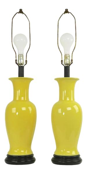Ceramic Table Lamps in Bright Yellow Glaze Attributed to Warren Kessler - A Pair