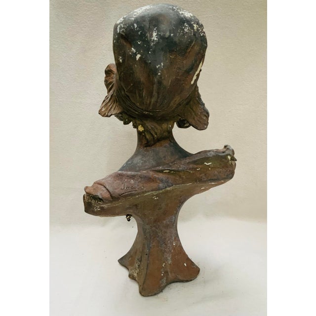 Antique French Art Nouveau Cast Iron Bust of a Bonneted Coquette, Signed Jacobs For Sale - Image 4 of 9