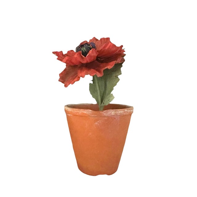English Vintage Potted Tole Red Poppy Flower / Floral Arrangement by Artist Helen Hornberger in an Antique Terracotta Pot For Sale - Image 3 of 9