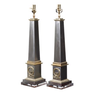 Pair of French Midcentury Steel and Brass Truncated Obelisk Table Lamps For Sale