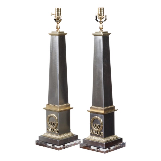 Pair of French Midcentury Steel and Brass Truncated Obelisk Table Lamps For Sale