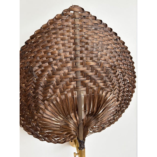 Wood Wall Lamps in Brass and Natural Fiber, Italy, 1970s, Set of 2 For Sale - Image 7 of 12