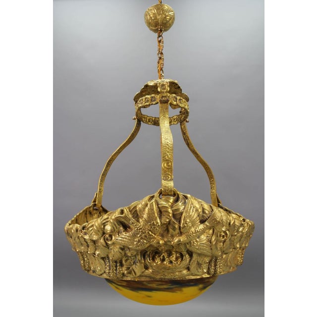Art Deco French Brass Chandelier with Yellow Pâte De Verre Glass by Degué, 1930s For Sale - Image 4 of 18