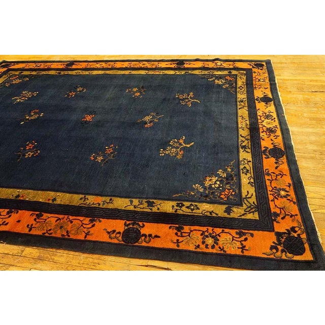 1920s Classic Greek Key Floral Deco Antique Chinese Peking Knotted Wool Rug For Sale - Image 4 of 9