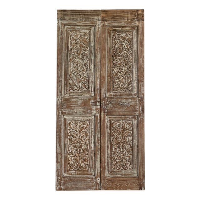 Antique Floral Carved Double Doors | Reclaimed Wood Hinged or Sliding 80x39 For Sale