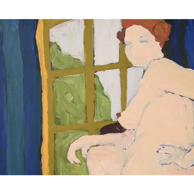 Bay Area figurative painting of a nude woman looking over her shoulder by Thomas L. Tribby (American, b. 1944). Signed and...