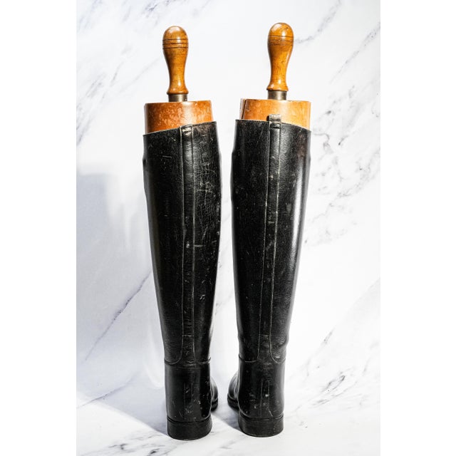 1920s Nice Horse Riding English Antique Black Leather Boots Wood Trees Home Decor Prop Country Equestrian For Sale - Image 5 of 8