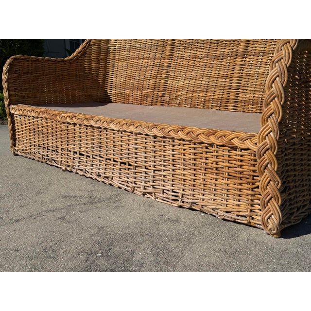 Vintage 72” Handwoven Rattan Sofa With Large Braid Trim For Sale - Image 10 of 12