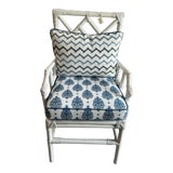 Late 20th Century Painted Bamboo Chair With Nautical Cushion and Lumbar Pillow For Sale