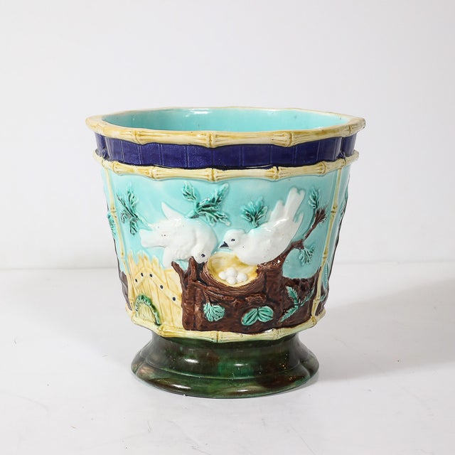 Sky Blue Pair of Signed Majolica Ceramic Cachepots W/ Birds, Nests & Bamboo Border Detail For Sale - Image 8 of 18