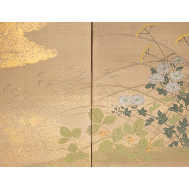 Wood "Autumn Flowers" by Hideka, 24k Gold 1970s Showa Era Yamato-E Japanese Byobu Screen For Sale - Image 7 of 18