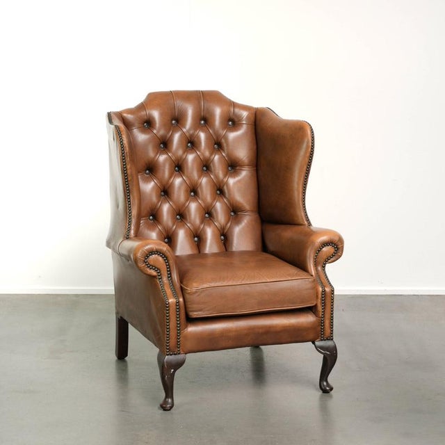 Chesterfield Cowhide Wing Armchair In Light Brown For Sale - Image 13 of 13