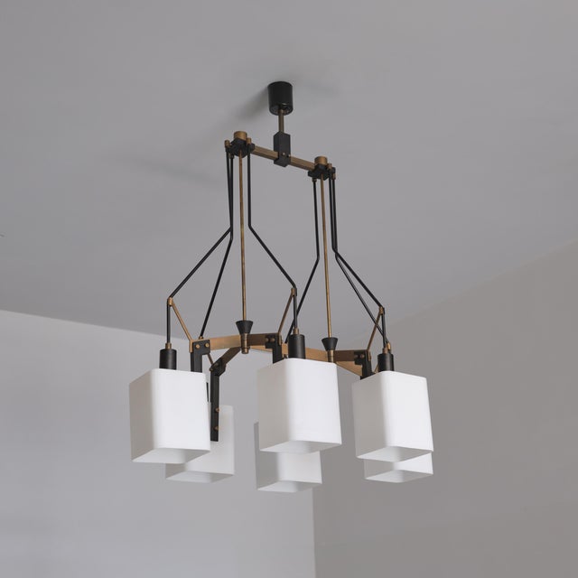 Black Italian Six-Light Chandelier in Brass, Black Metal and Opaline Glass, 1950s For Sale - Image 8 of 16