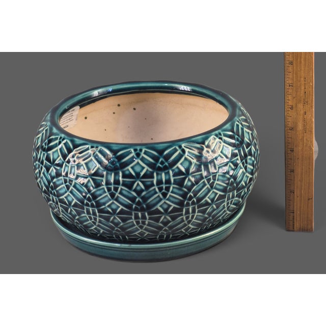 Mid-Century Modern Vintage Glazed Pottery Teal, Green, Blue Planter Attached Under Plate For Sale - Image 3 of 7