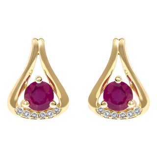 14K Yellow Gold Red Ruby and Diamond Accent Teardrop Stud Earrings, Pair For Sale