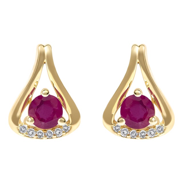 14K Yellow Gold Red Ruby and Diamond Accent Teardrop Stud Earrings, Pair For Sale