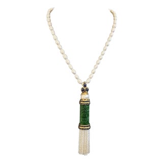 Bochic “Orient’ South Sea Pearl, Sapphire and Jade Pendant Set 18K Gold and Silver For Sale
