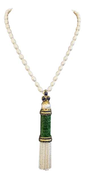 Bochic “Orient’ South Sea Pearl, Sapphire and Jade Pendant Set 18K Gold and Silver
