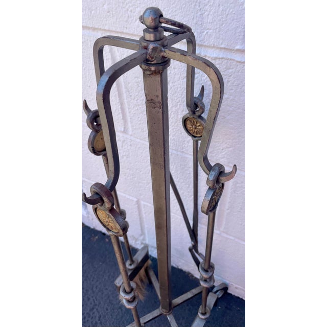 Hollywood Props House Pewter-Finish Fireplace Tool Set With Gilt Sunburst Accents For Sale - Image 4 of 5