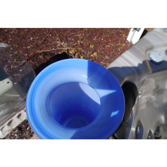 Glass Contemporary Blue Ombre Art Cased Glass Vase With Gold Glitter Drip Swirl Accents Hand Blown For Sale - Image 7 of 13