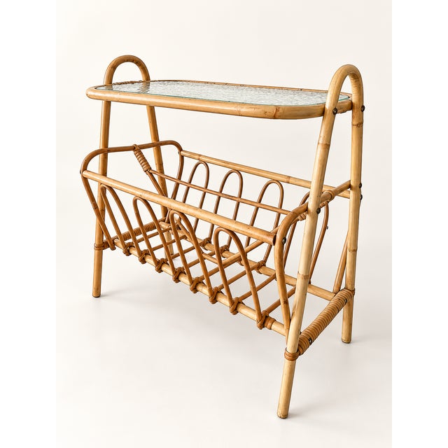 Vintage Scandinavian Rattan Side Table with Magazine Rack and Glass Top, 1960s For Sale - Image 4 of 10