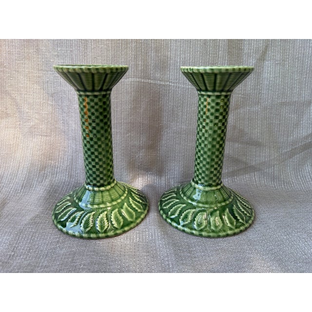 Green Vintage Bordallo Pinheiro Green Ceramic Candlestick a Pair For Sale - Image 8 of 11