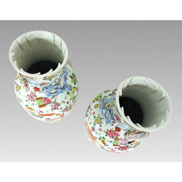 White Rare Antique "Linen Fold" Famille Rose Vases, Signed White Porcelain Chinese With Chimera, Republic Period, a Pair For Sale - Image 8 of 11