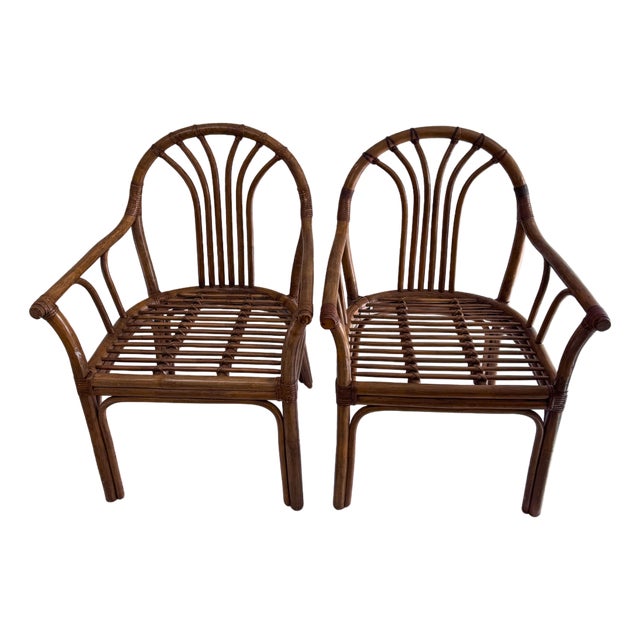 Pair of Vintage Rausch Germany Model 22935 Fan-Back Rattan Armchairs for Brown Jordan For Sale