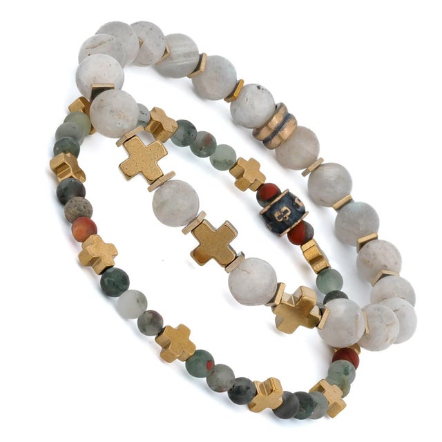 African Labradorite & African Bloodstone Gold Cross Beaded Bracelet Set For Sale - Image 3 of 8
