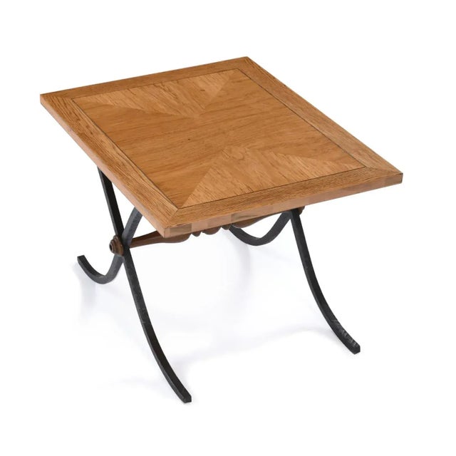 Michael Taylor Michael Taylor Style Petite Parquet Oa Side Tables With Iron X Base Swag Legs For Sale - Image 4 of 10